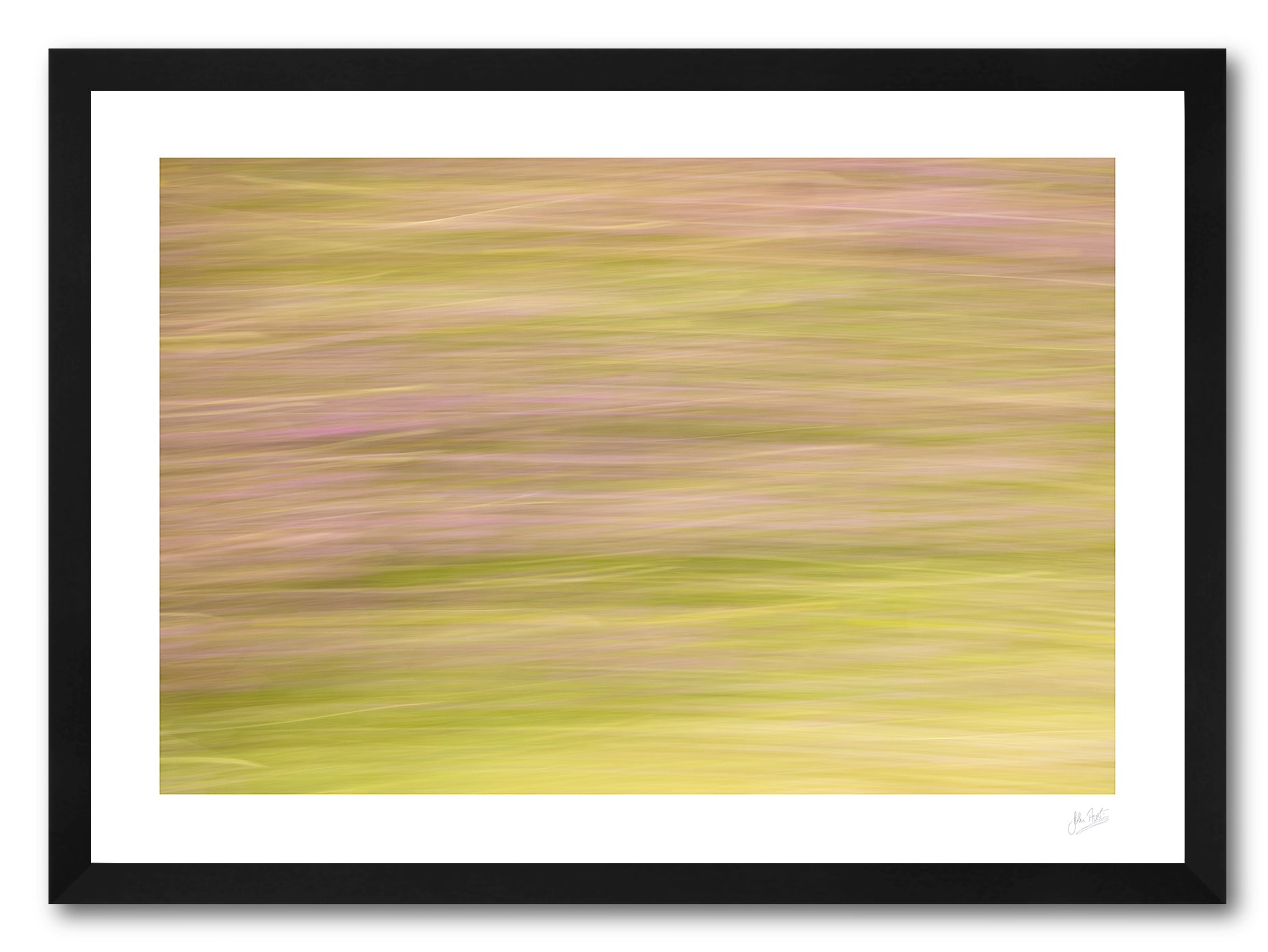 a framed fine art photographic print of a road side verge with blurred green grass and wild summer flowers