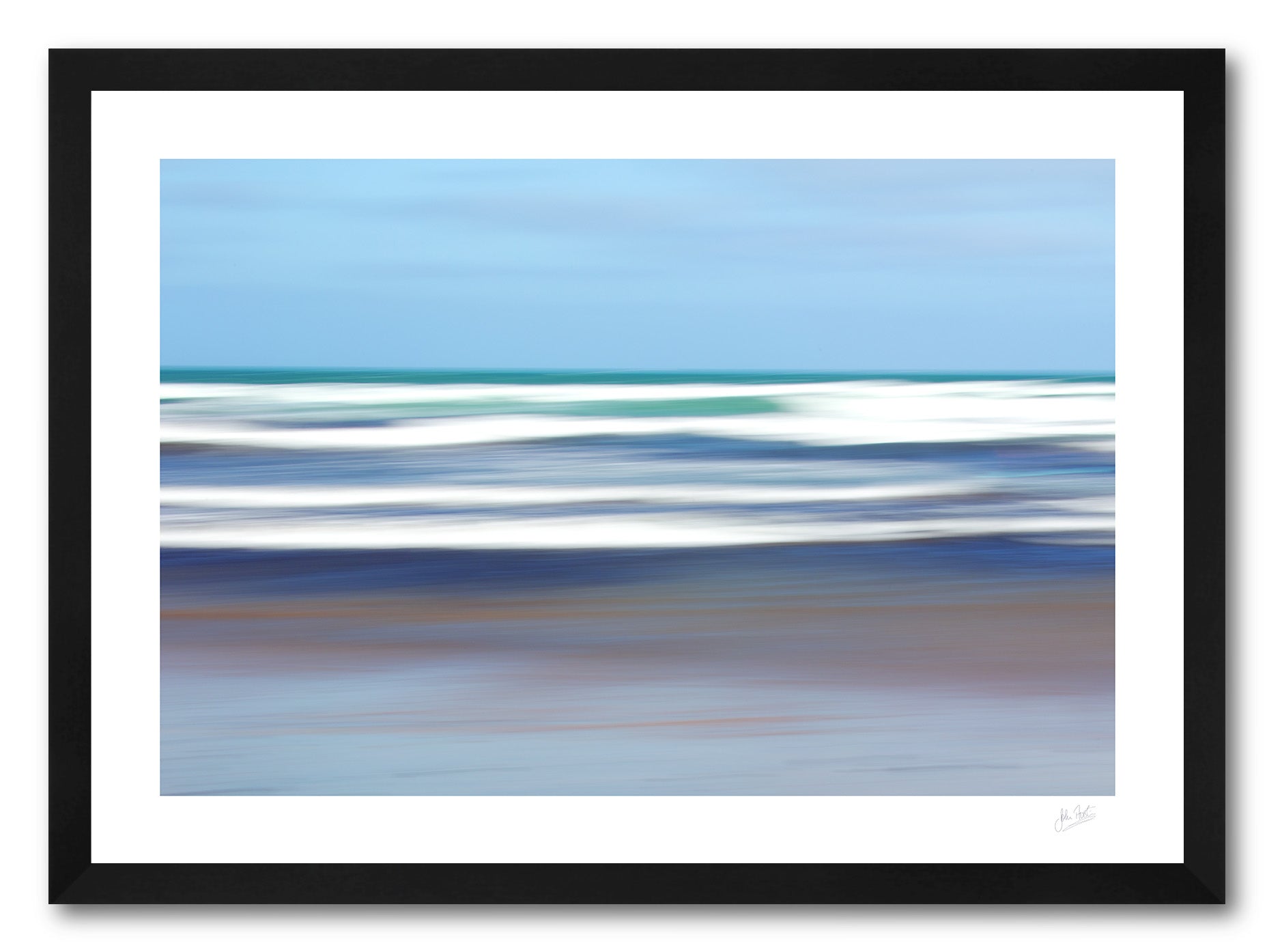 a framed fine art photograph using intentional camera movement of white waves off Famara Beach, on the island of Lanzarote in the Canary Islands providing a lovely contrast to the blue sea and sky. 