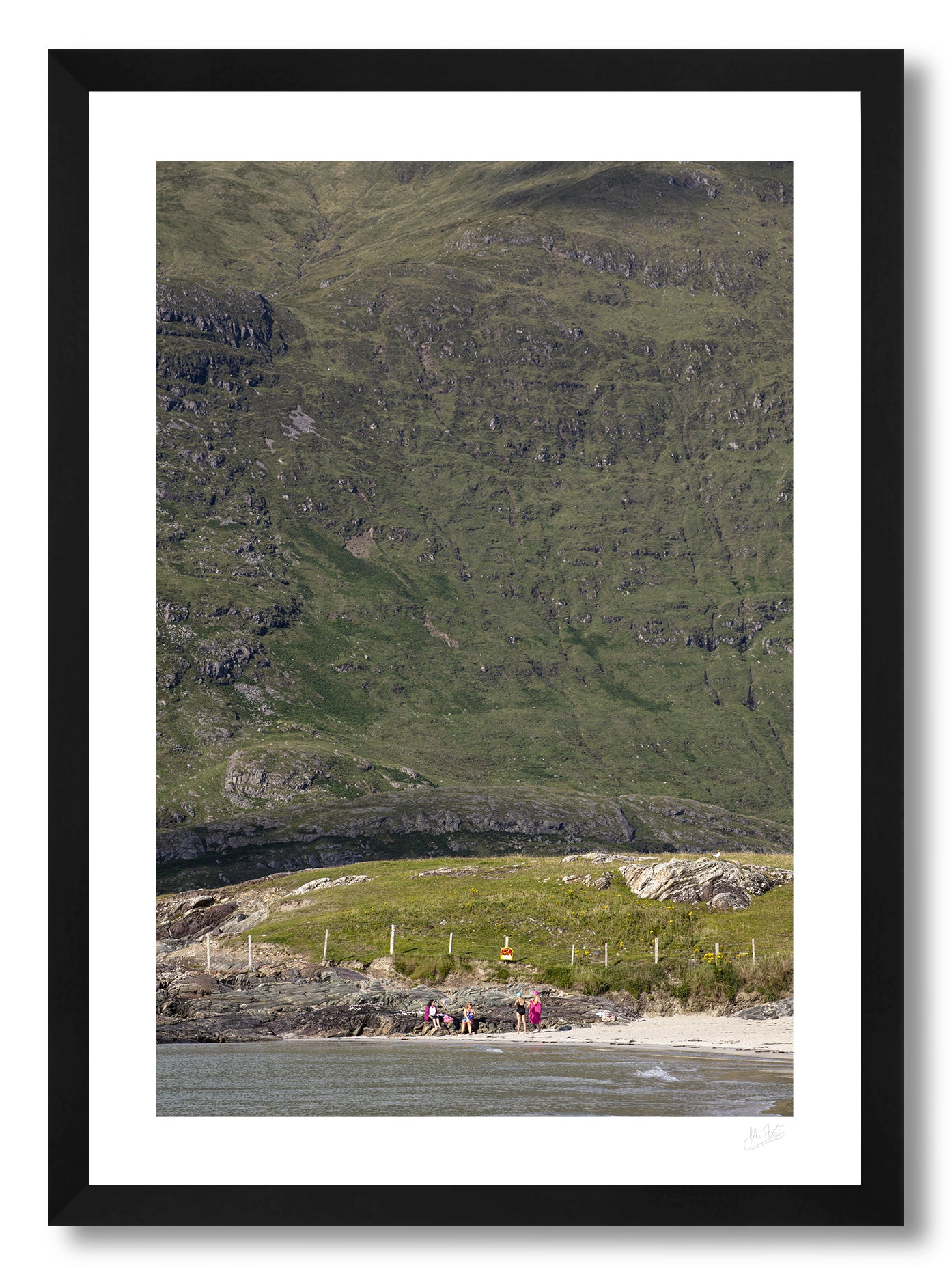 a framed fine art photographic print of friends catching up on a lovely summer afternoon on Glassilaun Beach, Connemara, Ireland with the large Mweelrea mountain as the background, available to buy online