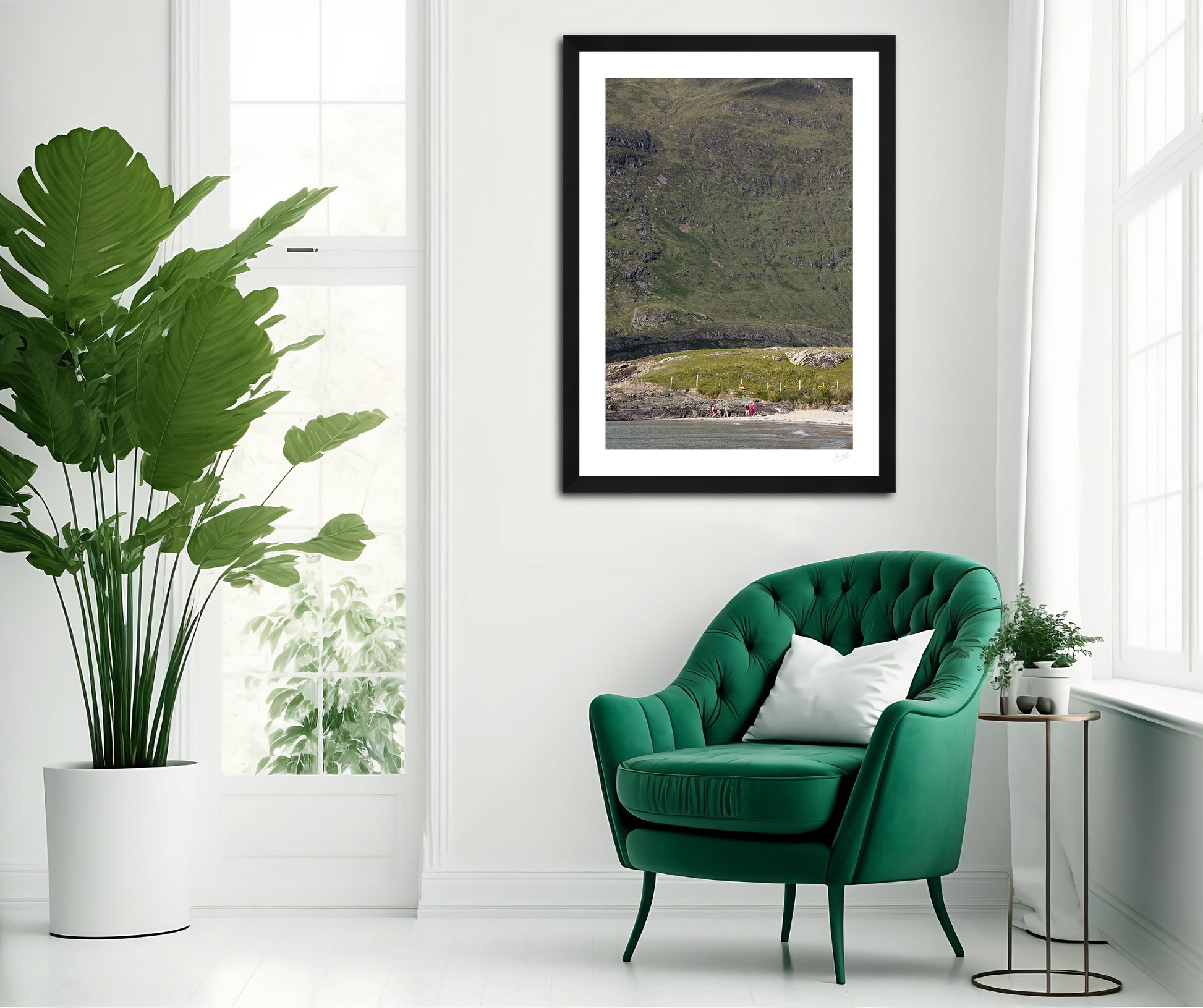 a framed fine art photographic print of friends catching up on a lovely summer afternoon on Glassilaun Beach, Connemara, Ireland with the large Mweelrea mountain as the background, hanging on a living room wall