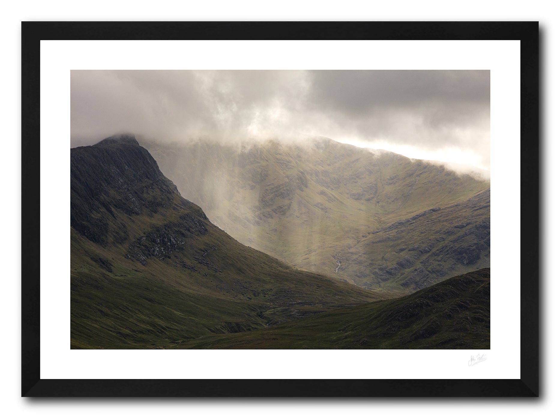 a framed fine art photographic print of a rain shower on the peak of Ben Gorm mountain in Mayo, available to buy online