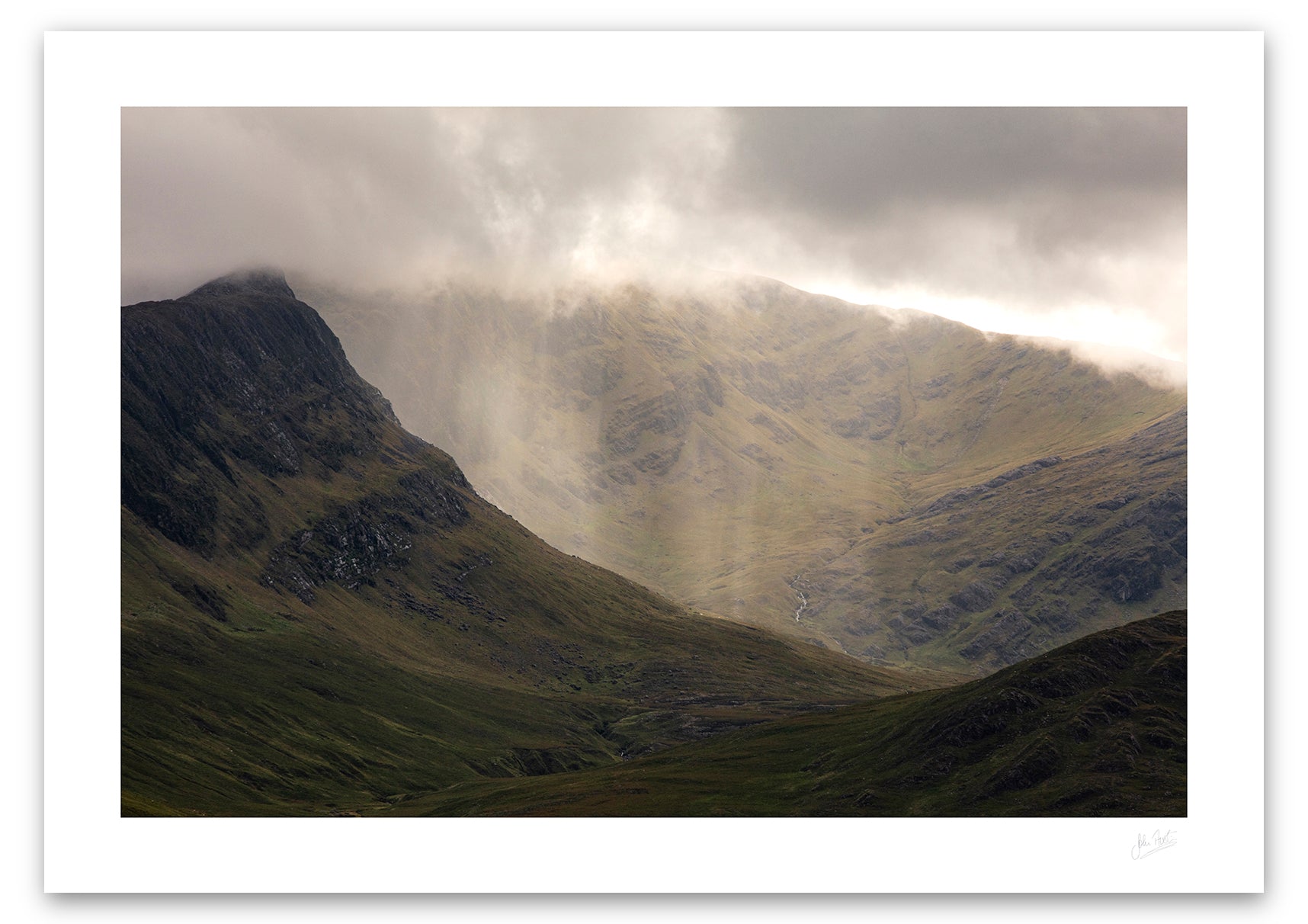 an unframed fine art photographic print of a rain shower on the peak of Ben Gorm mountain in Mayo, available to buy online