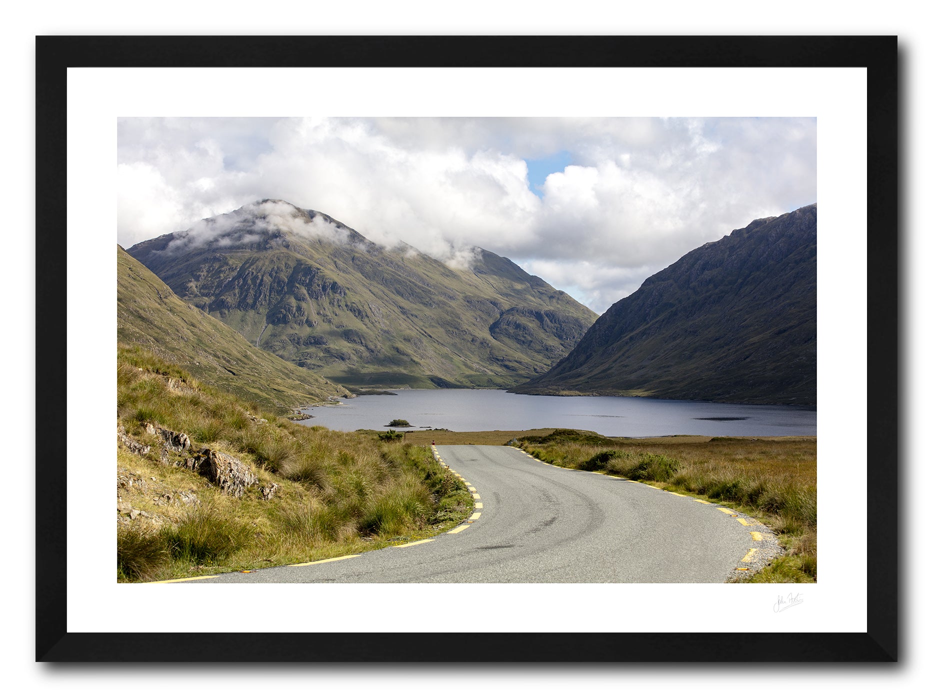 a framed fine art photographic print of Doolough Valley and the surrounding mountains in Mayo, available to buy online