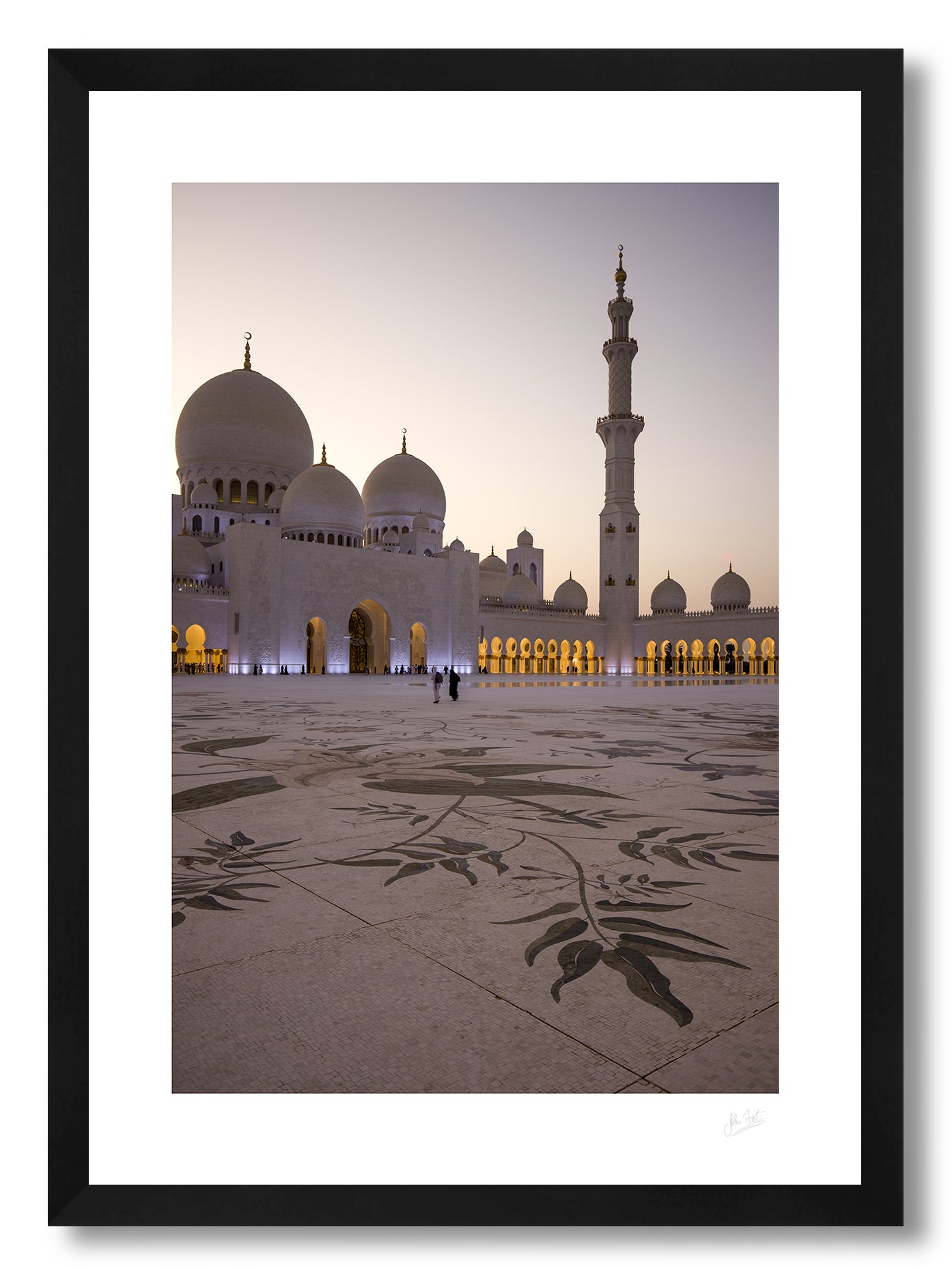 a framed fine art photographic print of The Grand Mosque in Abu Dhabi, UAE, featuring the enormous floral design of the world's largest marble mosaic, available to buy online