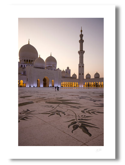 an unframed fine art photographic print of The Grand Mosque in Abu Dhabi, UAE, featuring the enormous floral design of the world's largest marble mosaic, available to buy online