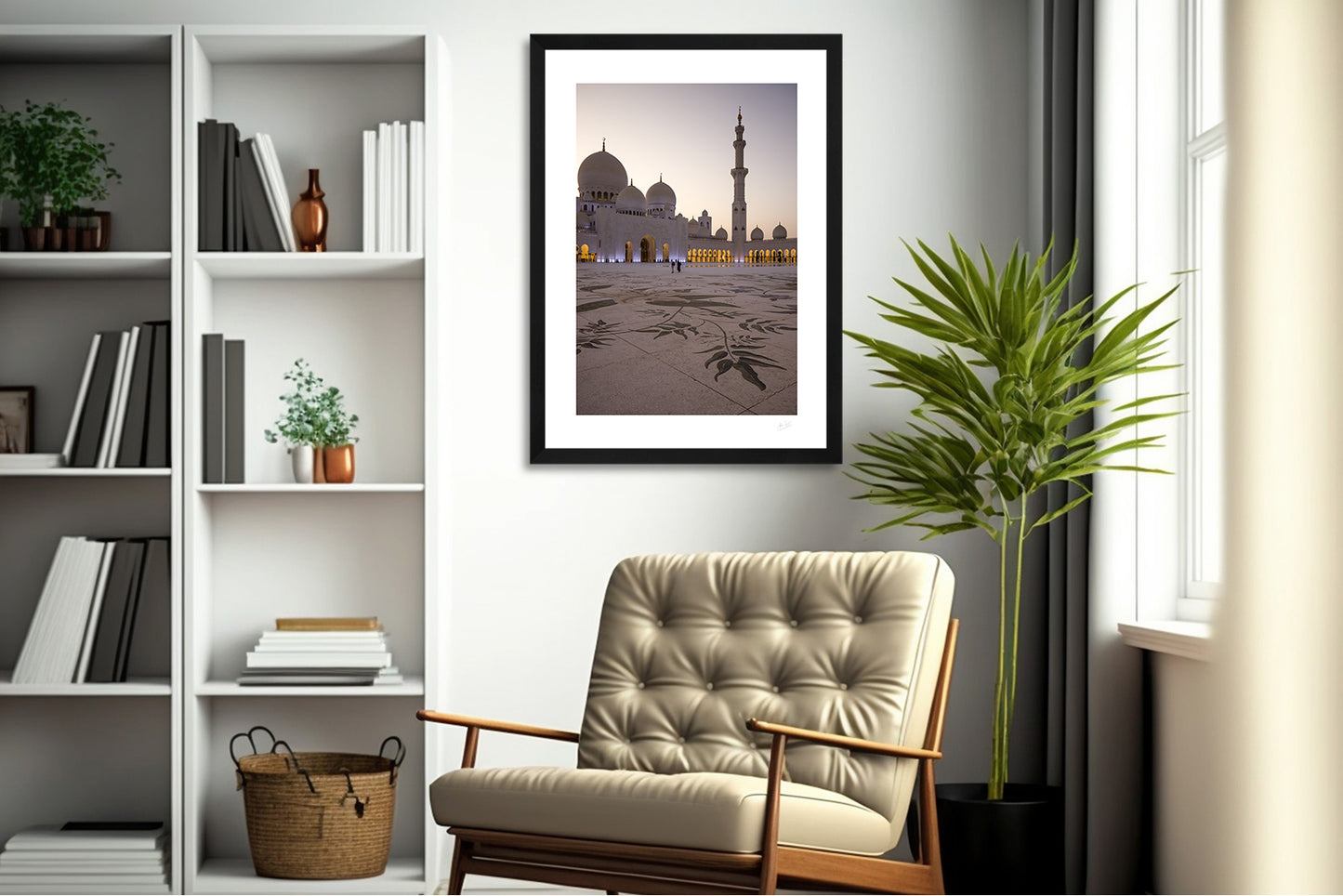 a framed fine art photographic print of The Grand Mosque in Abu Dhabi, UAE, featuring the enormous floral design of the world's largest marble mosaic, hanging on a wall in a living room