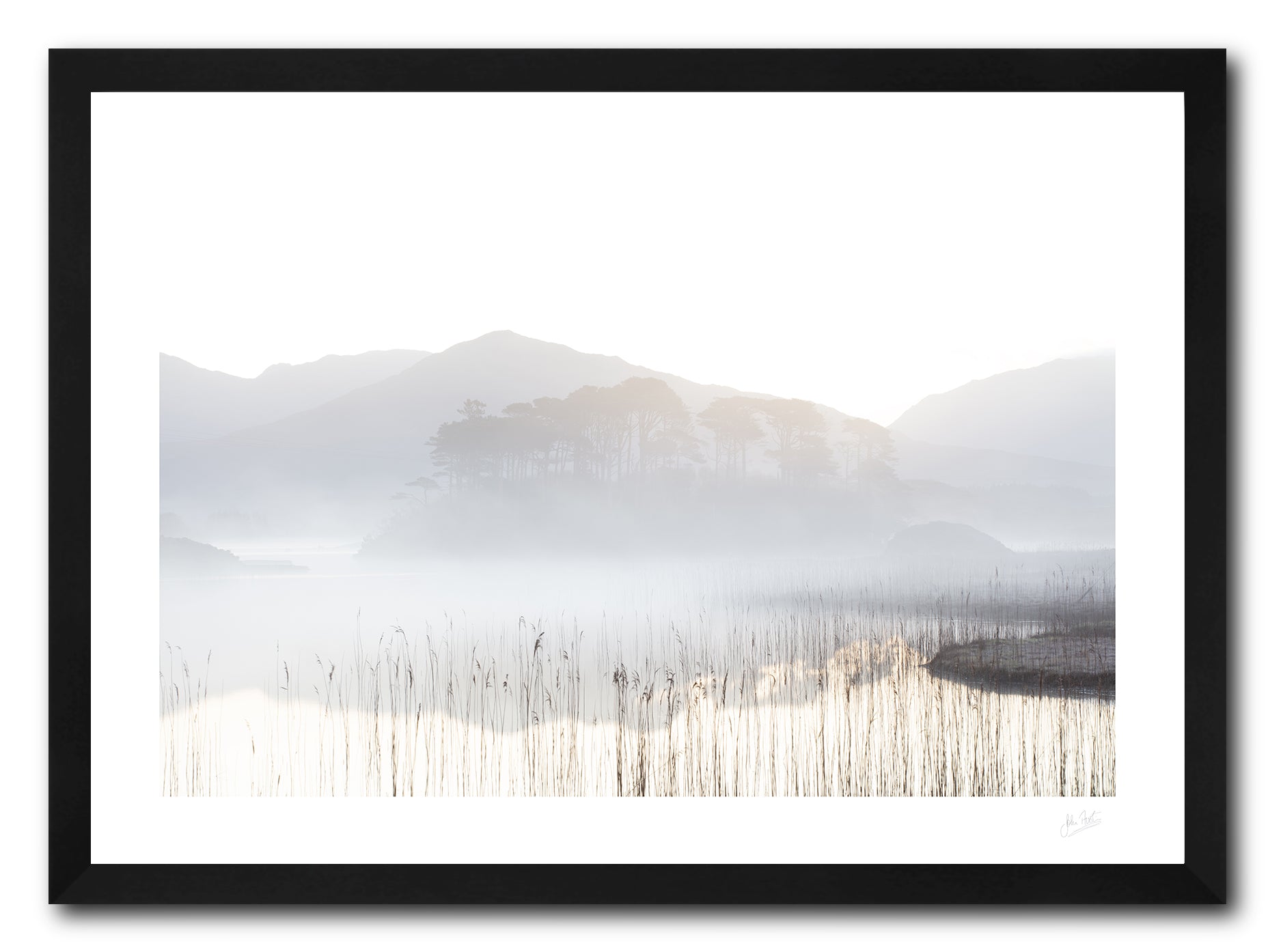 a framed high key fine art photographic print of Pines Island in Connemara surrounded by lake fog on a spring morning, available to buy online