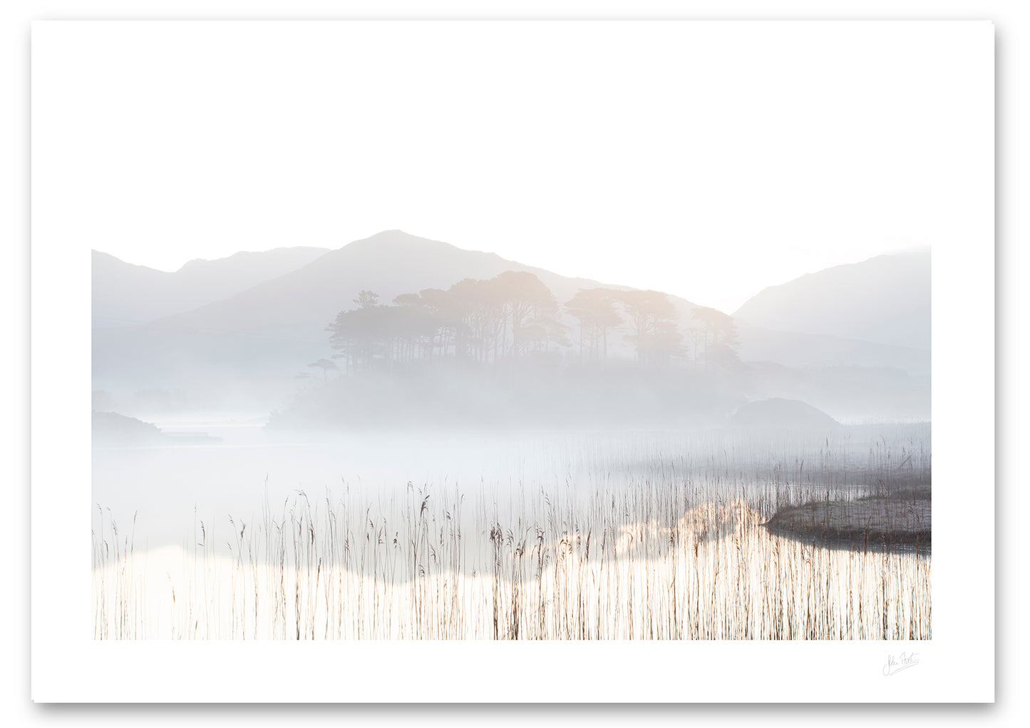 an unframed high key fine art photographic print of Pines Island in Connemara surrounded by lake fog on a spring morning, available to buy online