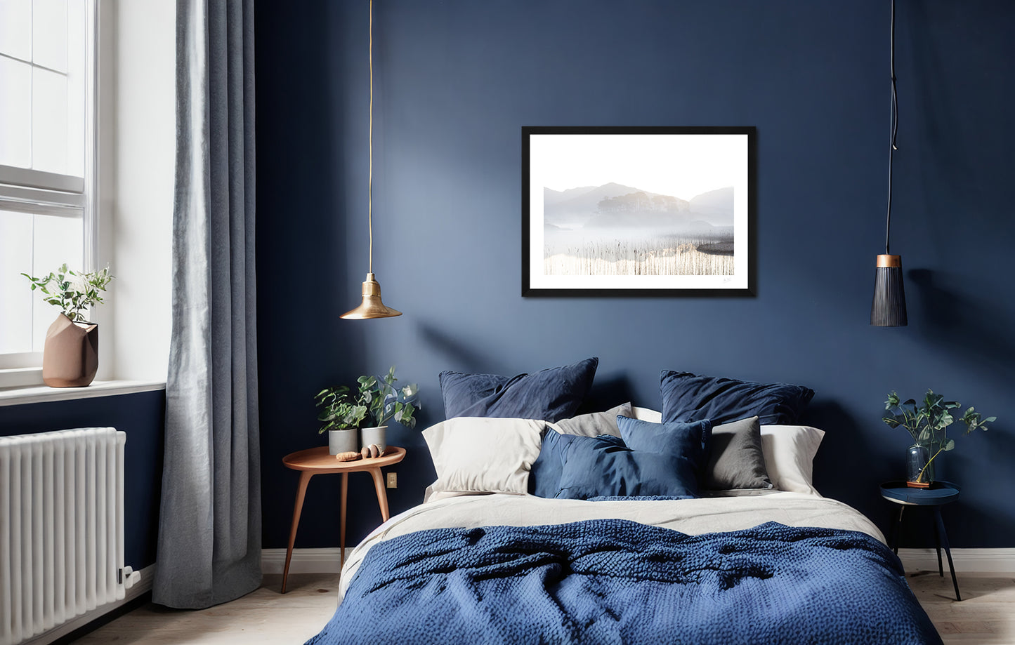 a framed high key fine art photographic print of Pines Island in Connemara surrounded by lake fog on a spring morning, hanging on a wall above a bed