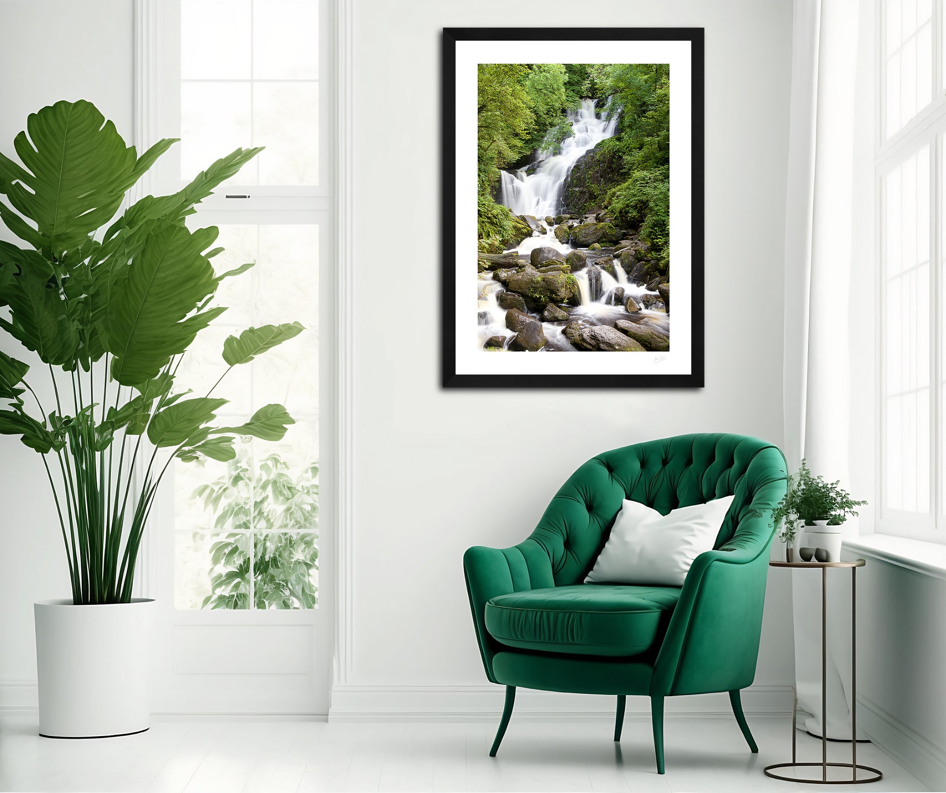 a framed fine art photographic print of Torc Waterfall in Killarney, hanging on a wall in a living room