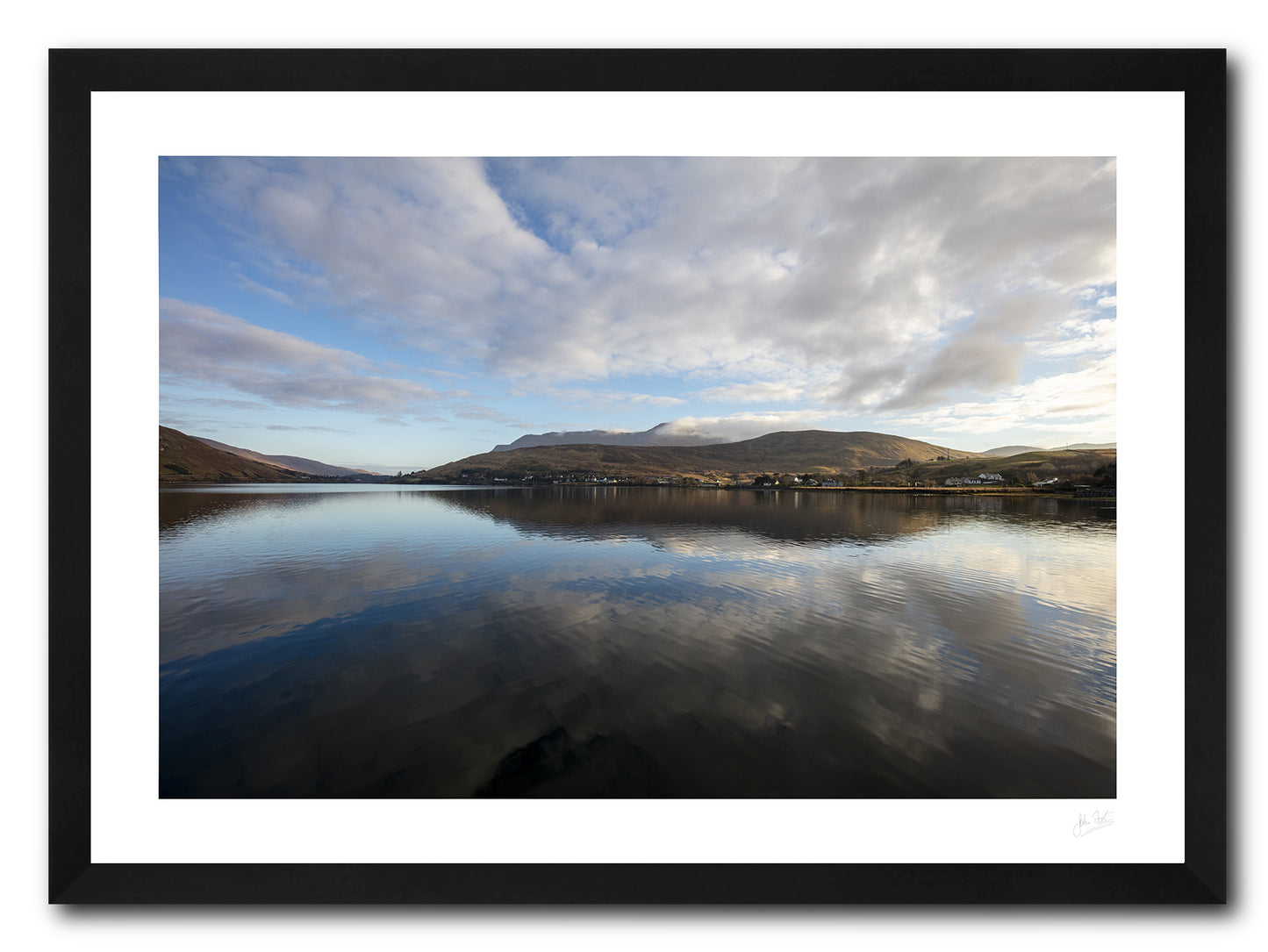 a framed fine art photographic print of Leenane village on Killary Fjord, Connemara on a calm winter's morning, available to buy online