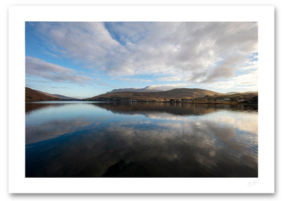 unframed fine art photographic print of Leenane village on Killary Fjord, Connemara on a calm winter's morning, available to buy online